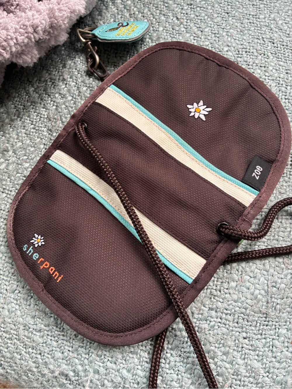 Sherpani Brown Crossbody Pouch with Cream & Teal Accents